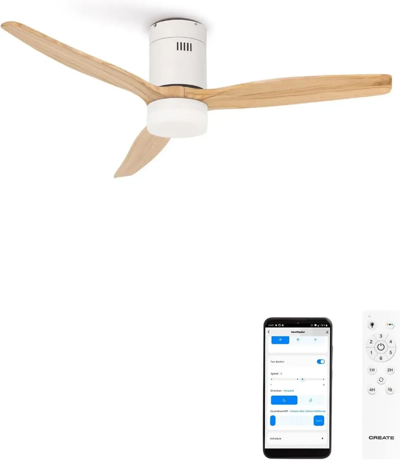 Ventilateur de Plafond Silencieux avec Lumière et WiFi, Télécommande, 40W, 132 cm, 6 Vitesses, Minuterie, Mode Été-Hiver, Pales Blancs Effet Bois