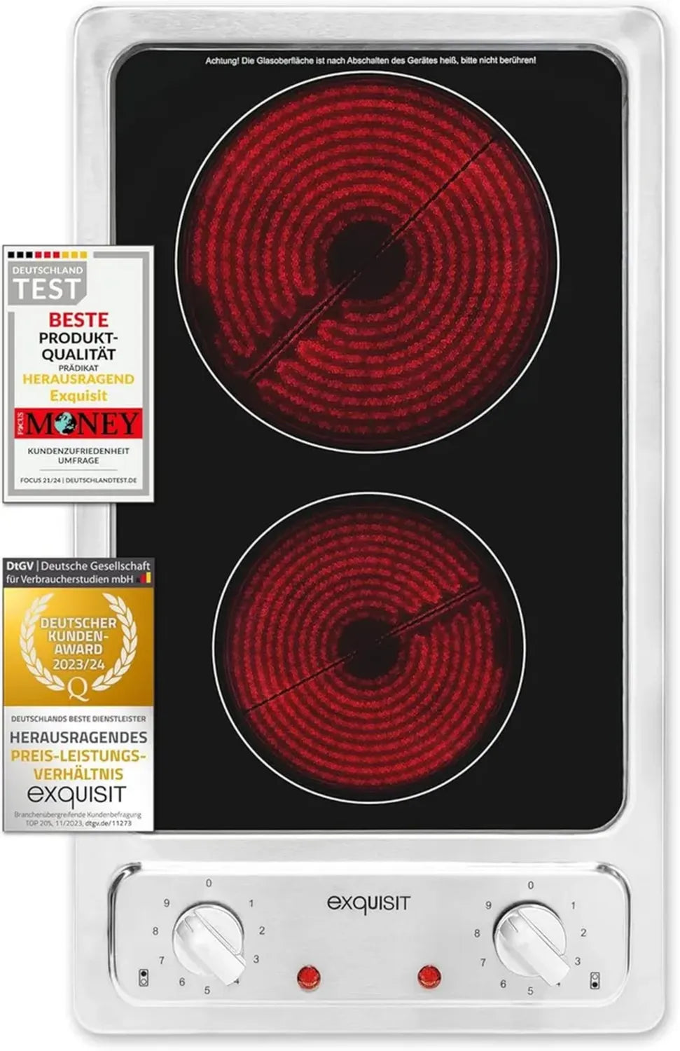 Plaque vitrocéramique 3000 W, 2 zones, 9 niveaux, inox, design moderne