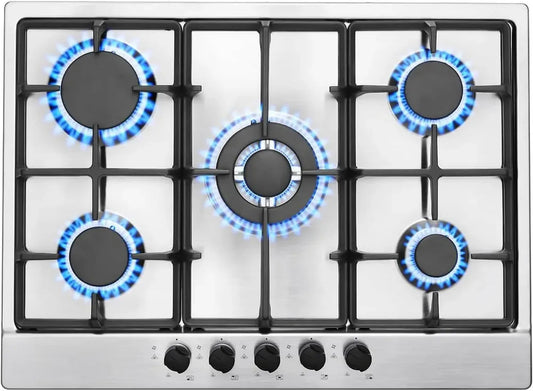 Plaque de cuisson à gaz 5 foyers en acier inoxydable - Sécurité Thermocouple, gaz naturel ou propane, 68cm, 10480W